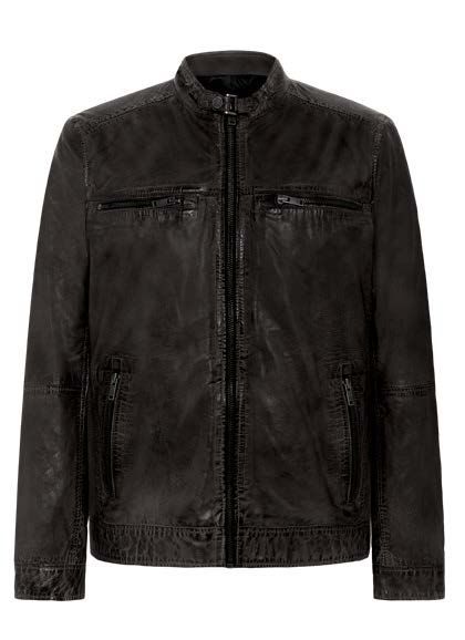 Dunkelgraue Lederjacke mit Reißverschluss und zwei Brusttaschen.