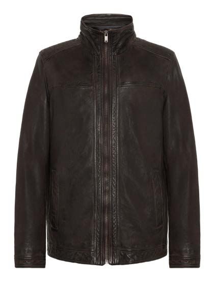 Braune Lederjacke mit hohem Kragen und Reißverschluss.