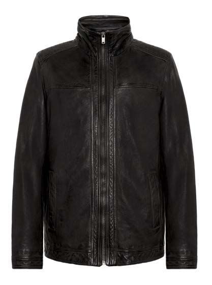 Schwarze Lederjacke mit Reißverschluss und Stehkragen.