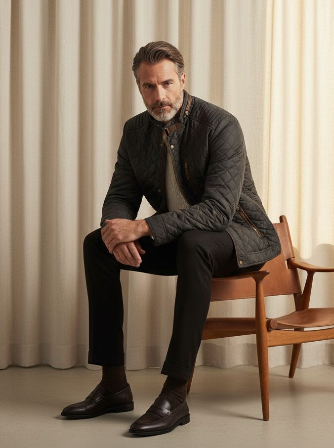 Ein Mann sitzt auf einem Stuhl; er trägt eine Steppjacke, dunkle Hosen und Anzugschuhe.