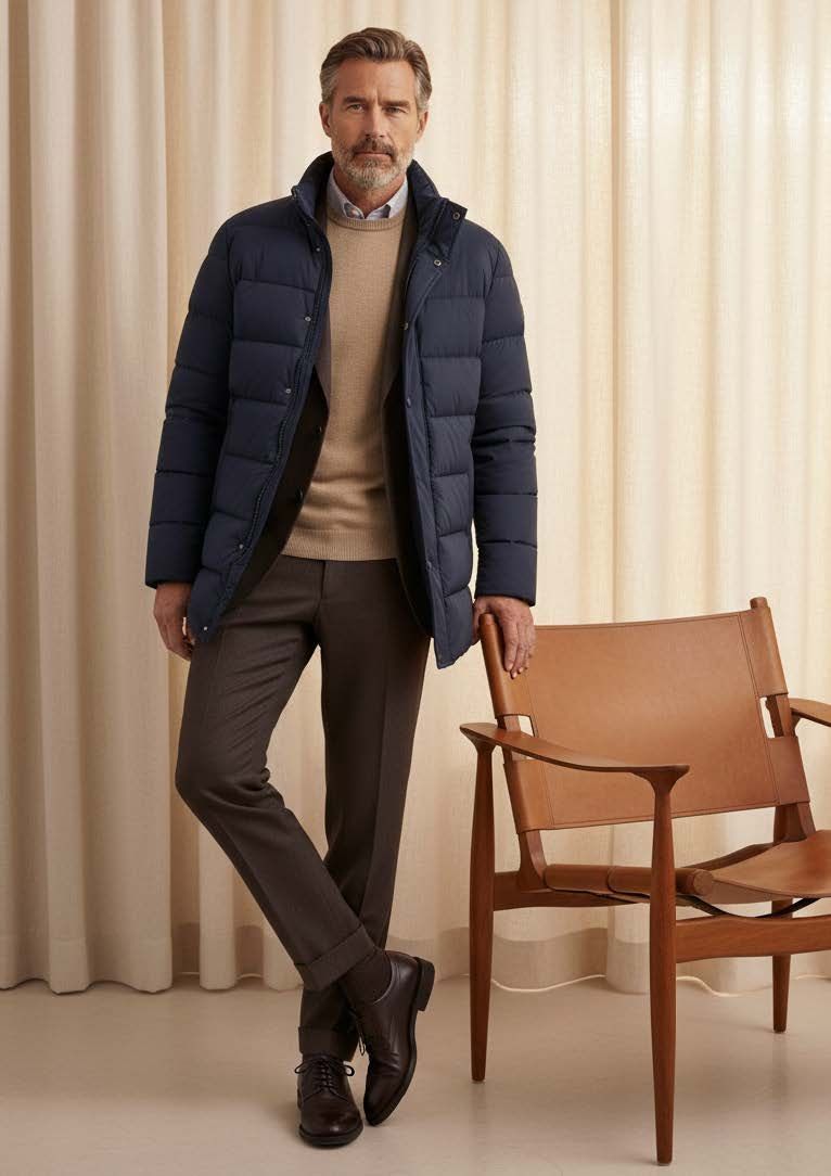 Mann in blauer Daunenjacke und brauner Hose, der neben einem Ledersessel steht.