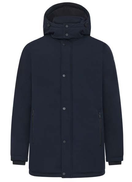 Marineblaue Winterjacke mit Kapuze.