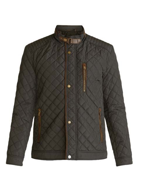 Gesteppte schwarze Jacke mit braunen Akzenten, Kragen und Reißverschlusstaschen.