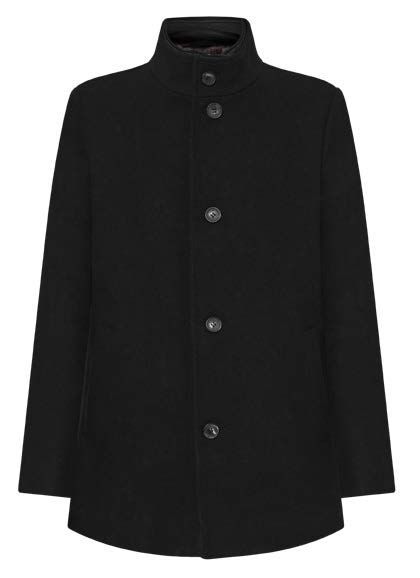 Schwarzer, geknöpfter Wollmantel mit hohem Kragen.