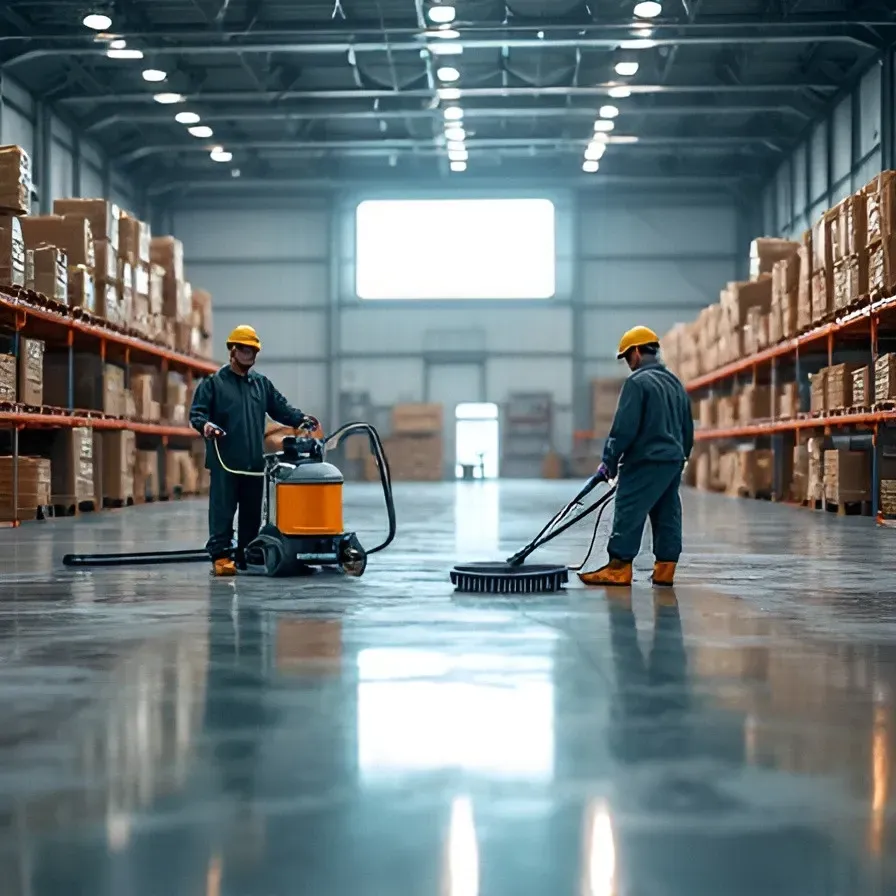 Industrial warehouse cleaning equipment and workers
