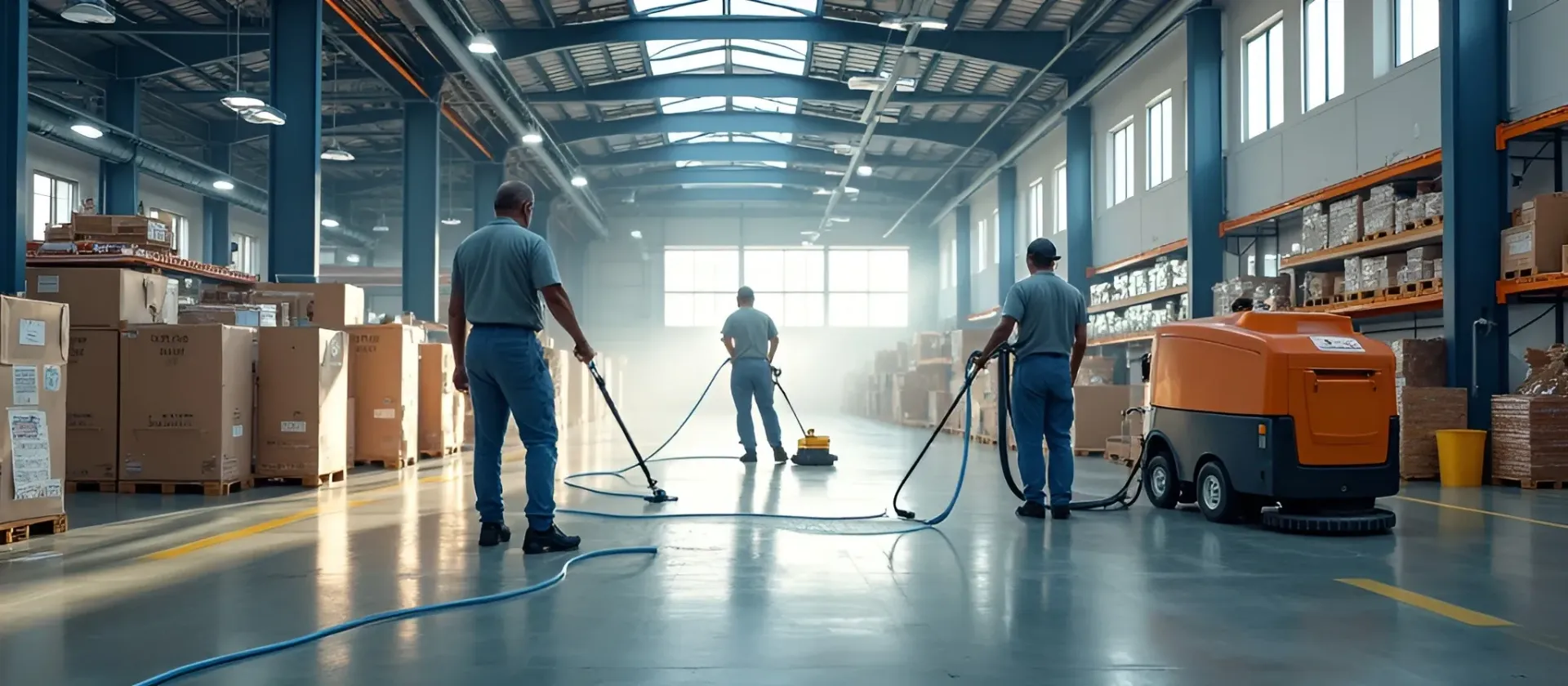 Industrial warehouse cleaning equipment and workers Lafayette, LA 