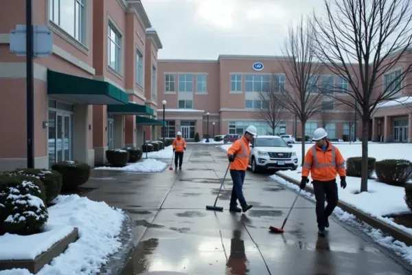 Lafayette janitors cleaning outdoors in winter Lafayette janitors cleaning outdoors in winter