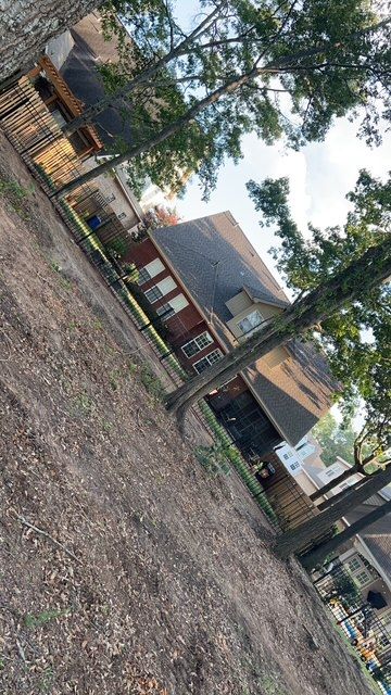 A house is surrounded by trees and dirt in a park.