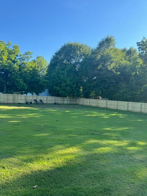 A large lawn with a fence and trees in the background