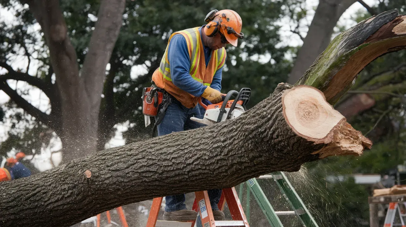 A man is cutting a tree with a chainsaw.