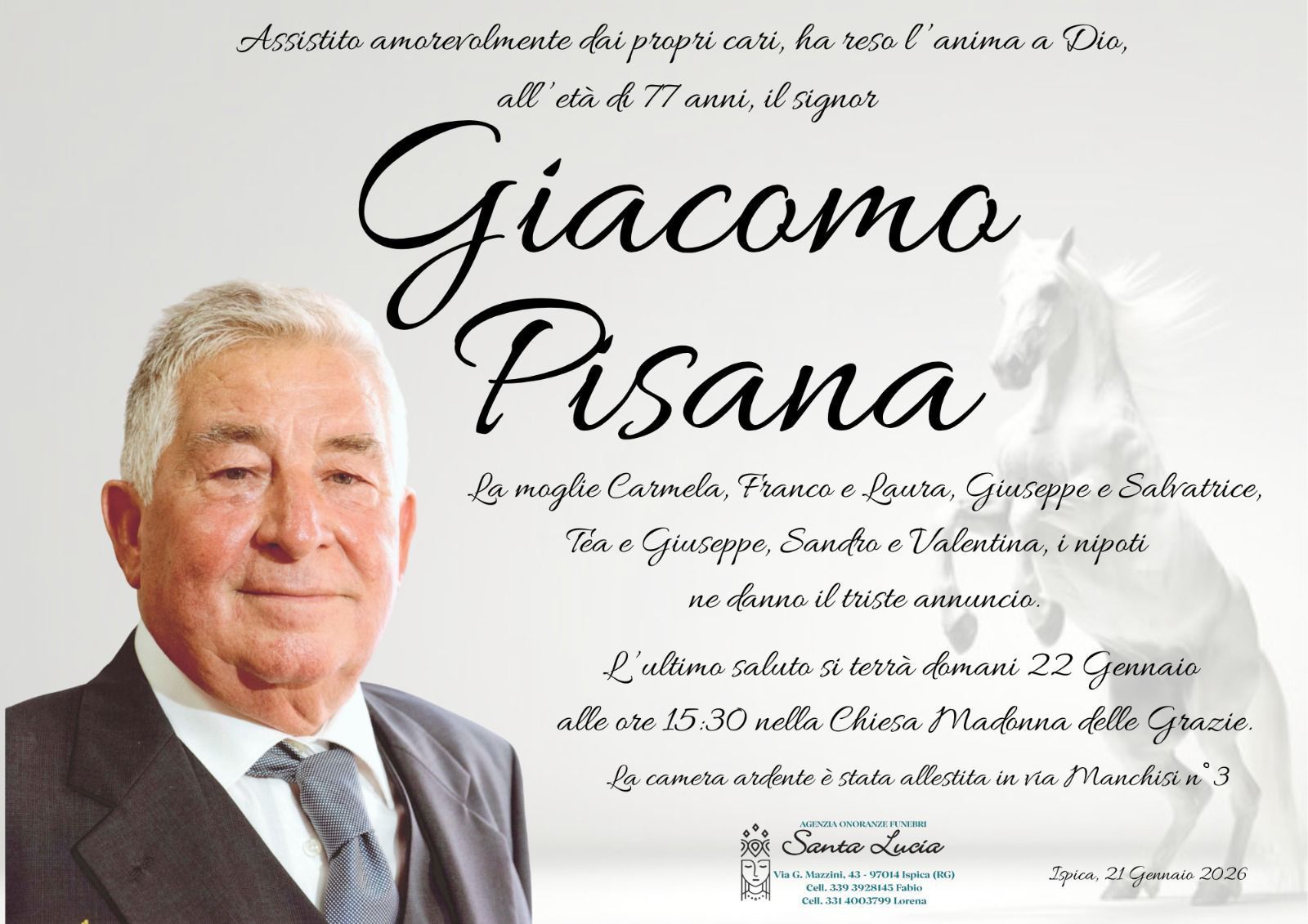 Necrologio di Giacomo Pisana, con foto, date e dettagli del servizio funebre.
