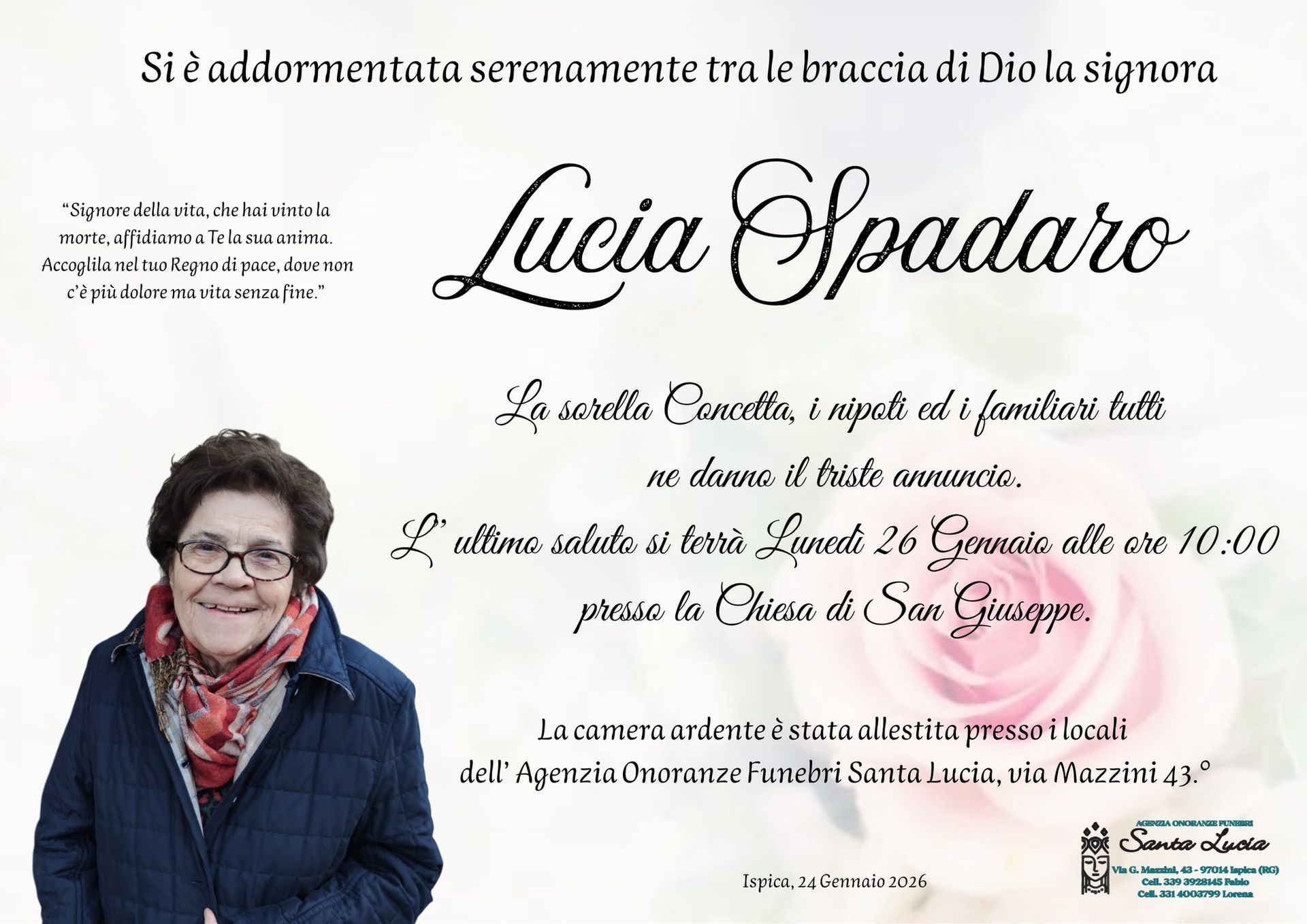 Necrologio di Lucia Spadaro, con la sua foto e i dettagli del funerale.