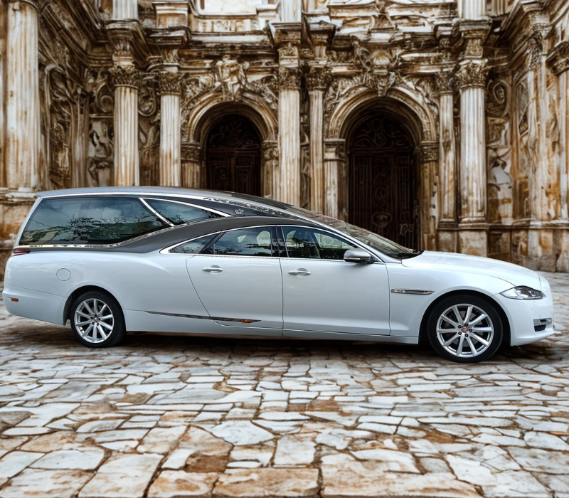 Ambulanza parcheggiata davanti a un edificio blu con una rampa e una panchina; è visibile la scritta 