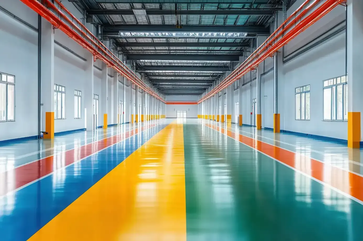 Empty industrial space with color-blocked flooring (blue, yellow, and green) and red overhead pipes.