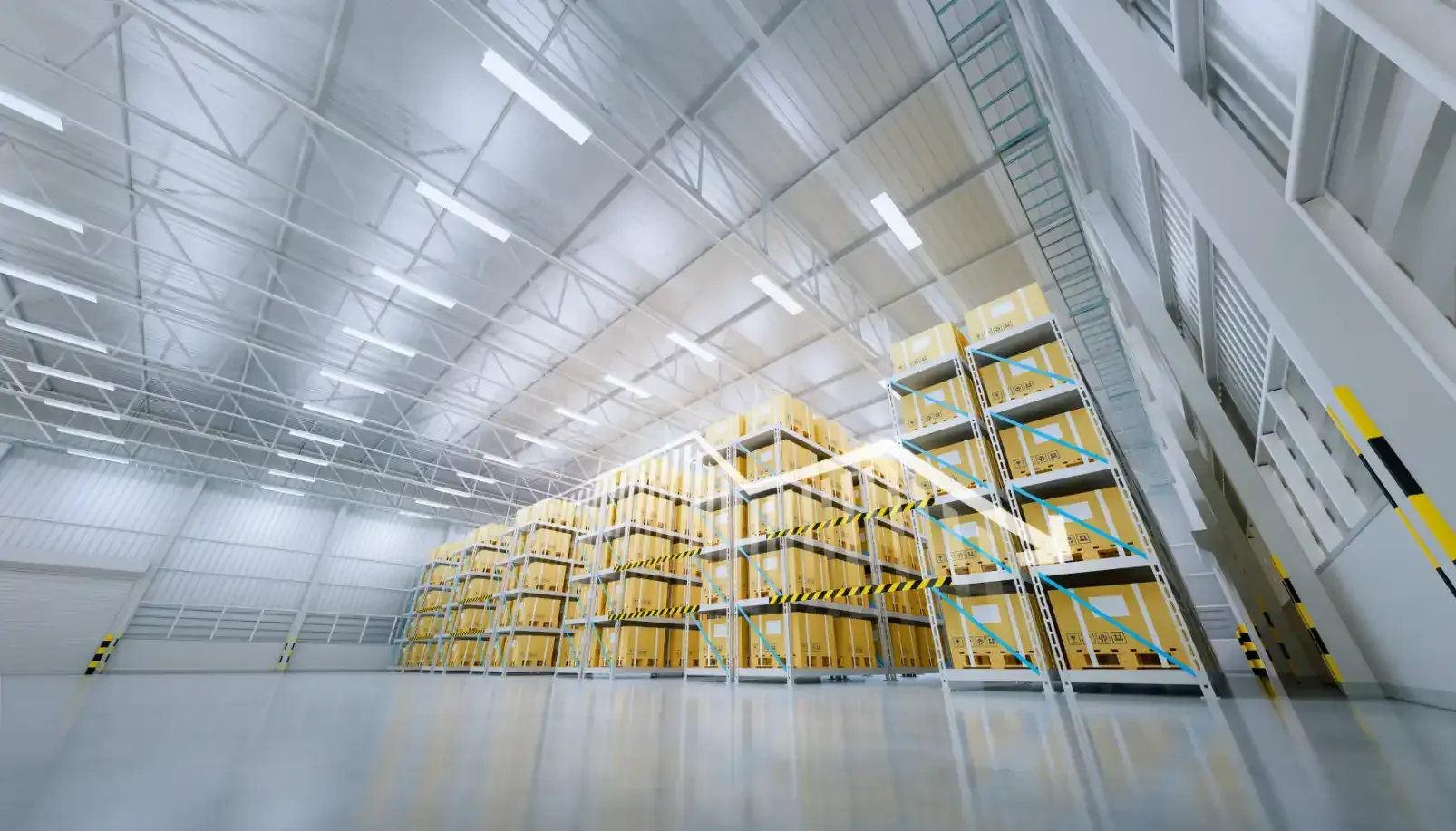 Warehouse interior with stacked boxes, arrow overlay showing increasing trend.