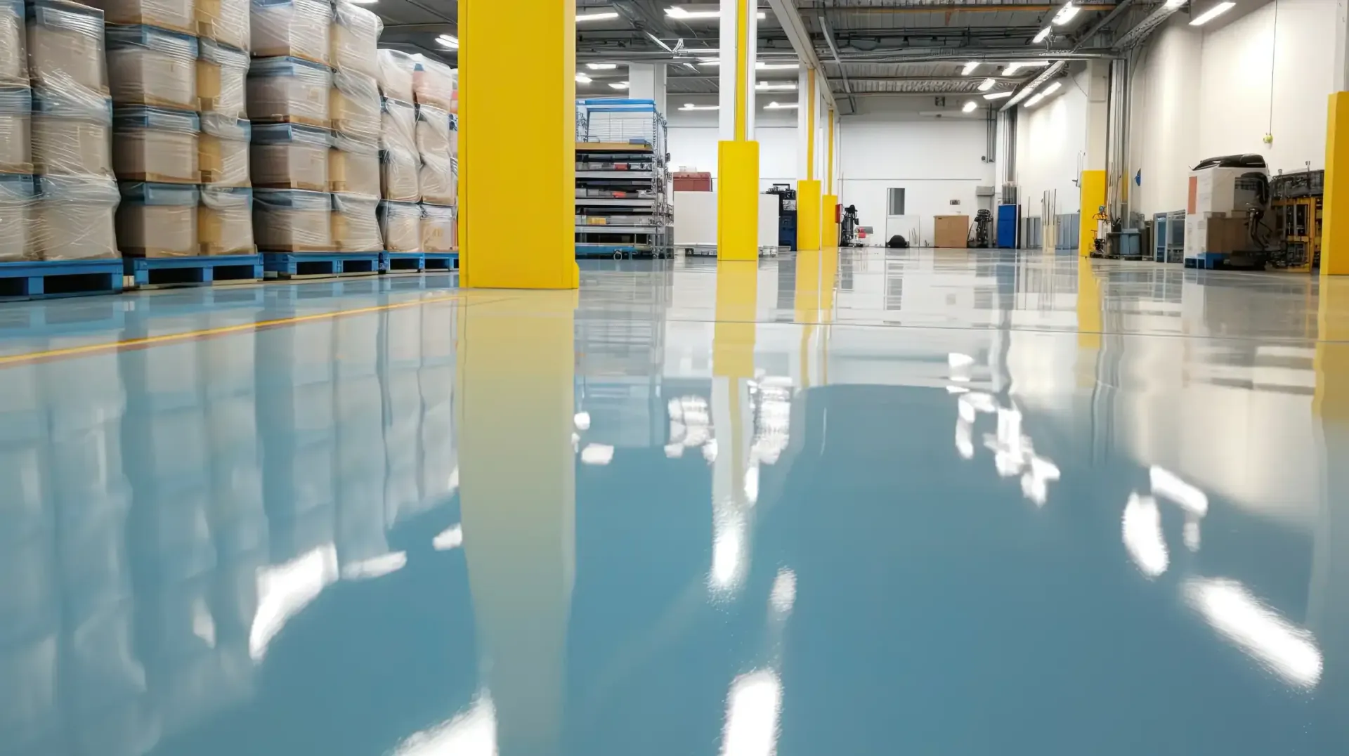 Shiny, light-blue industrial floor reflects yellow pillars and stacks of white goods in a warehouse.