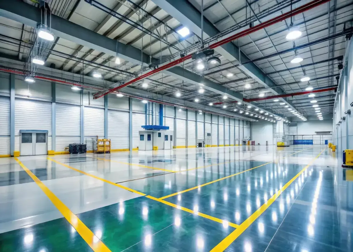 Inside a large, empty, brightly lit warehouse with a polished floor; yellow and green floor markings.