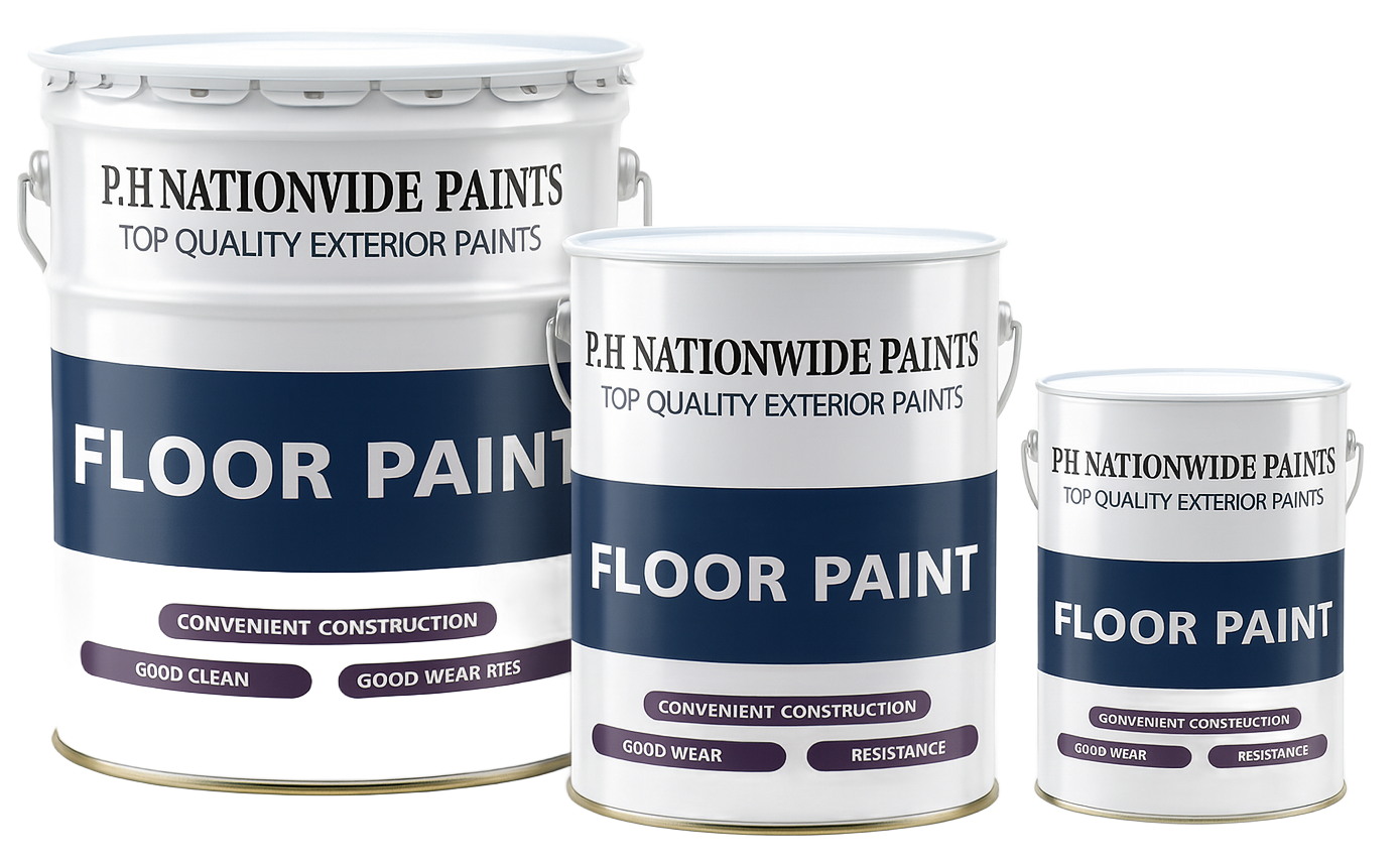 Three paint cans of floor paint, labeled 