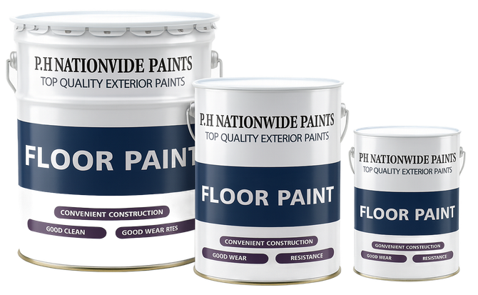 Three paint cans of floor paint, labeled