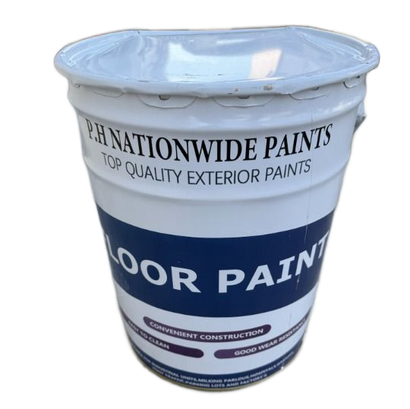 White paint bucket with blue label, 