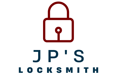 The logo for jp 's locksmith shows a padlock with a key in it.