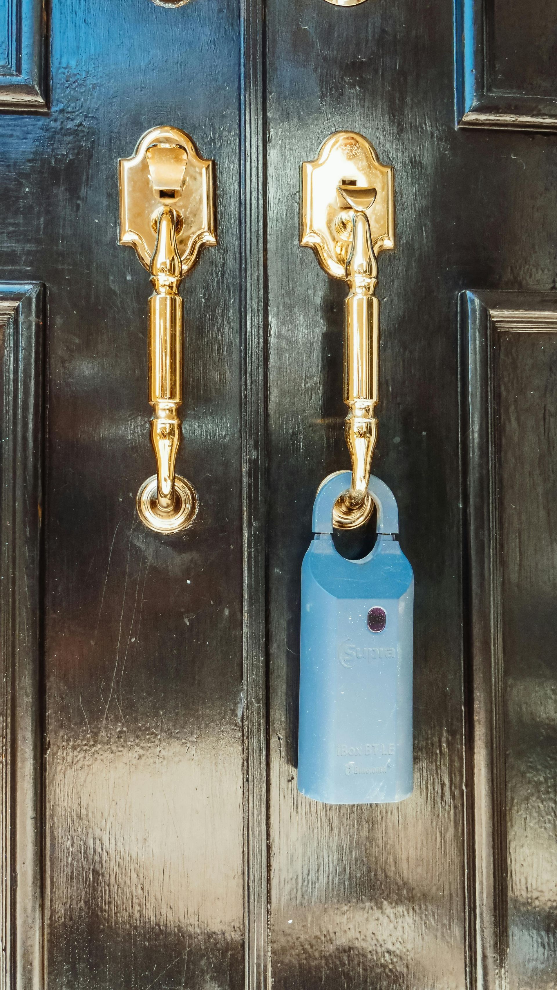 A black door with gold handles and a blue lock on it