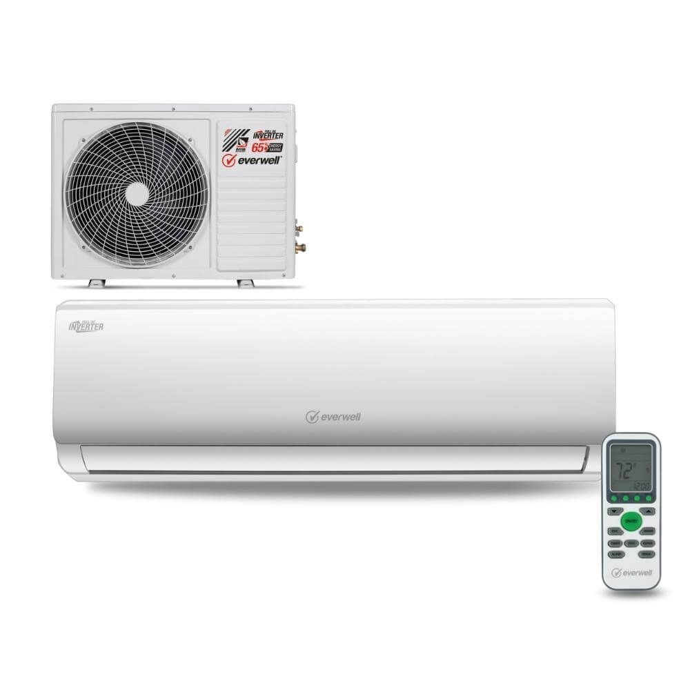 A picture of a wall mounted air conditioner with a remote control.