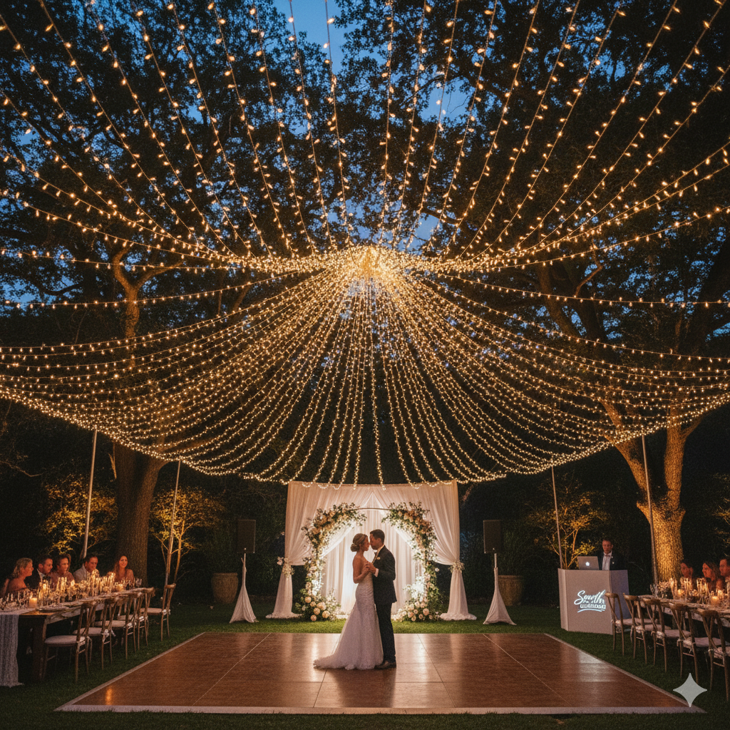 Wedding reception with string lights, couple dancing, tables with guests, outdoor setting.