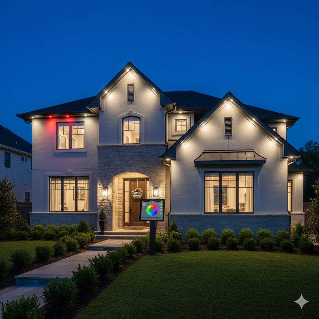 Two-story house illuminated at night with white brick, dark windows, and landscape lighting, displaying a color wheel.