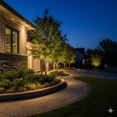 Night view of a house exterior with landscape lighting illuminating trees and a curving walkway.