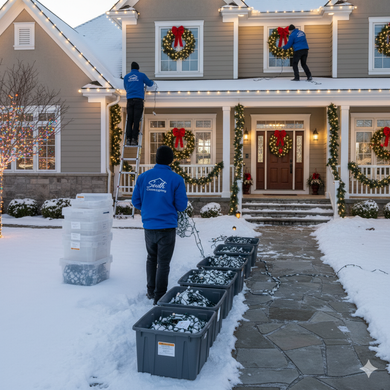 Men install Christmas lights on a snowy house. Two on a ladder, one carries bins of lights.