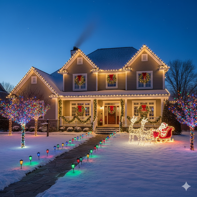 House with Christmas lights, wreaths, and Santa's sleigh in snowy yard at dusk.