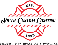 Logo for South Custom Lighting: Red fire emblem with rope accents, text