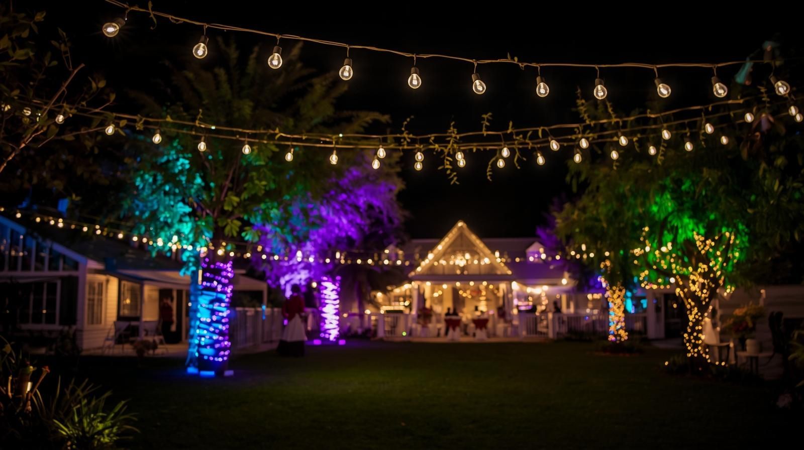 Nighttime outdoor event with string lights and colorful illuminated trees.