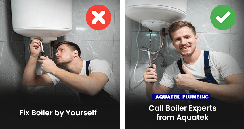 A man is fixing a boiler by himself in a bathroom.