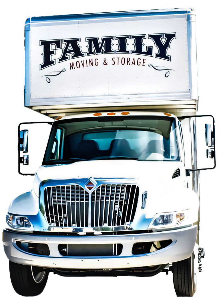 A white moving truck with a box on top that says family moving & storage