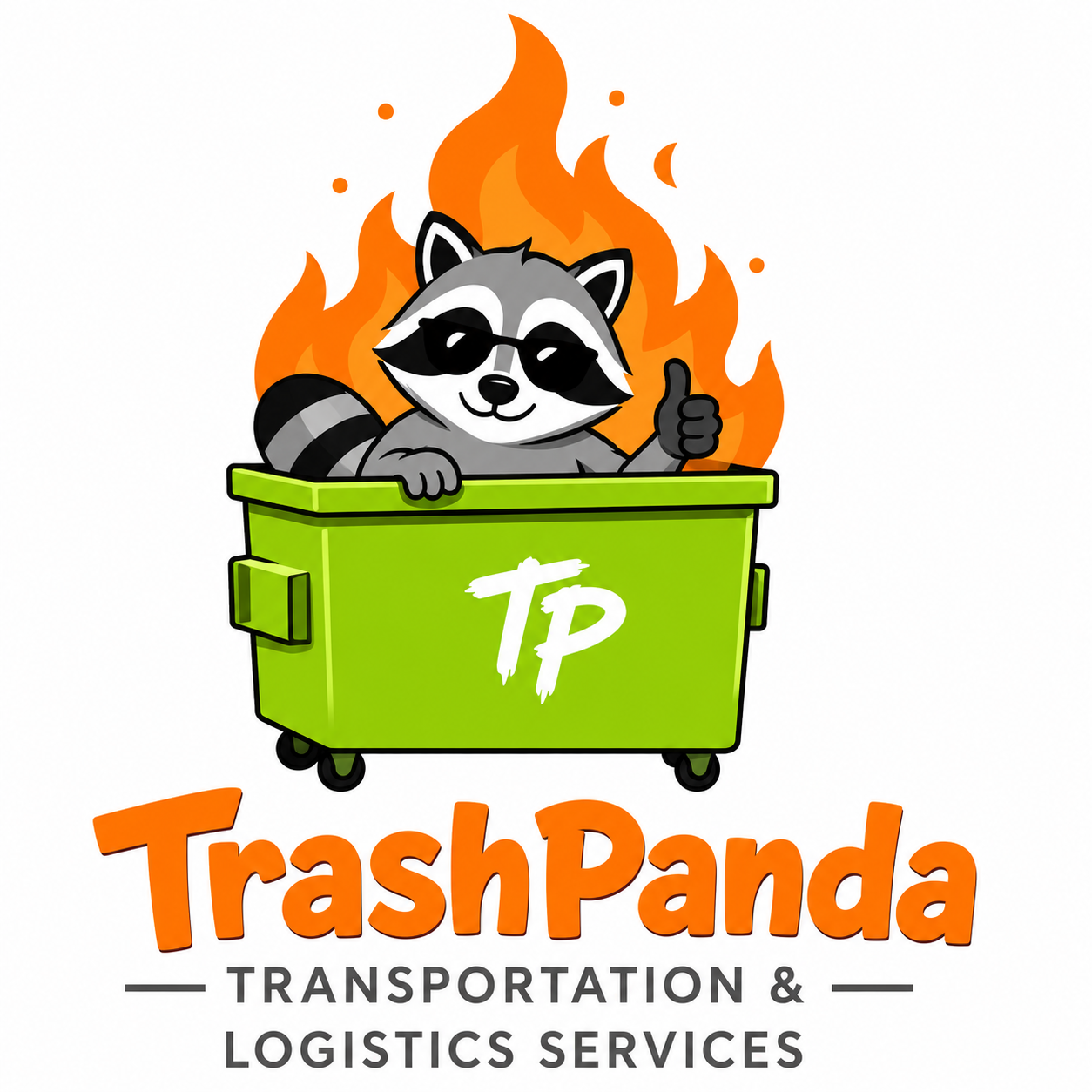 TrashPanda Transportation and Logistics Services logo featuring a cartoon raccoon sitting inside a dumpster that is on fire.