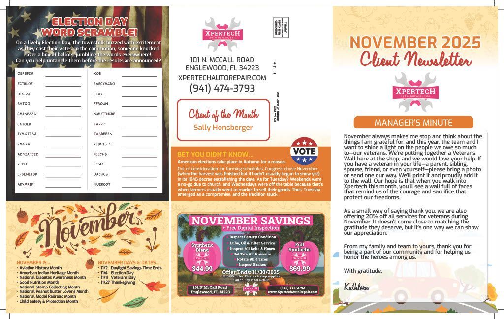 November 2025 newsletter front | Xpertech Auto Repair, Inc.