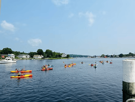 A group of people in kayaks are floating on a body of water.