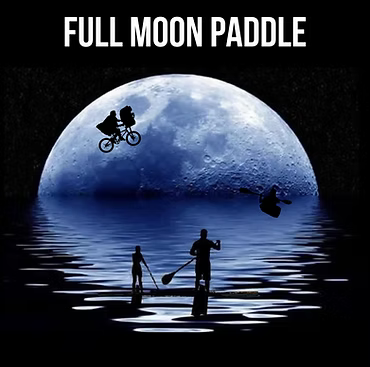 A poster for full moon paddle with a man on a bike flying over the moon