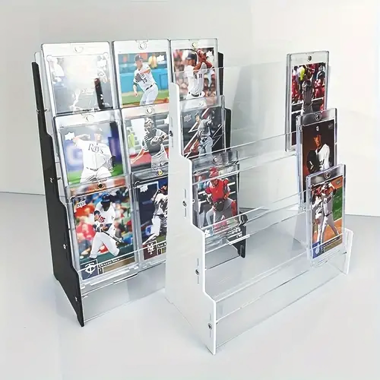 A display case filled with baseball cards on a table.