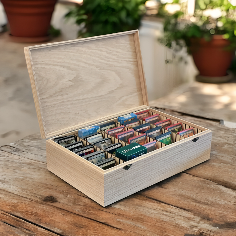 A wooden box filled with tea bags is sitting on a wooden table.