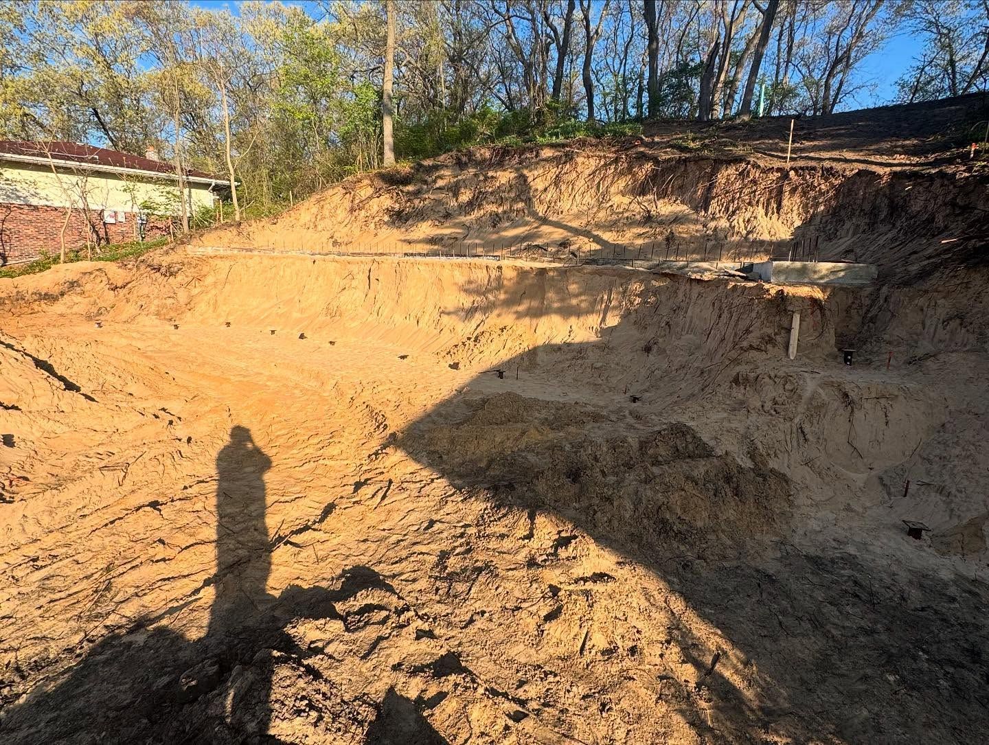 A sunlit excavated hillside, showing earth and exposed tree roots. A shadow is cast across the ground.