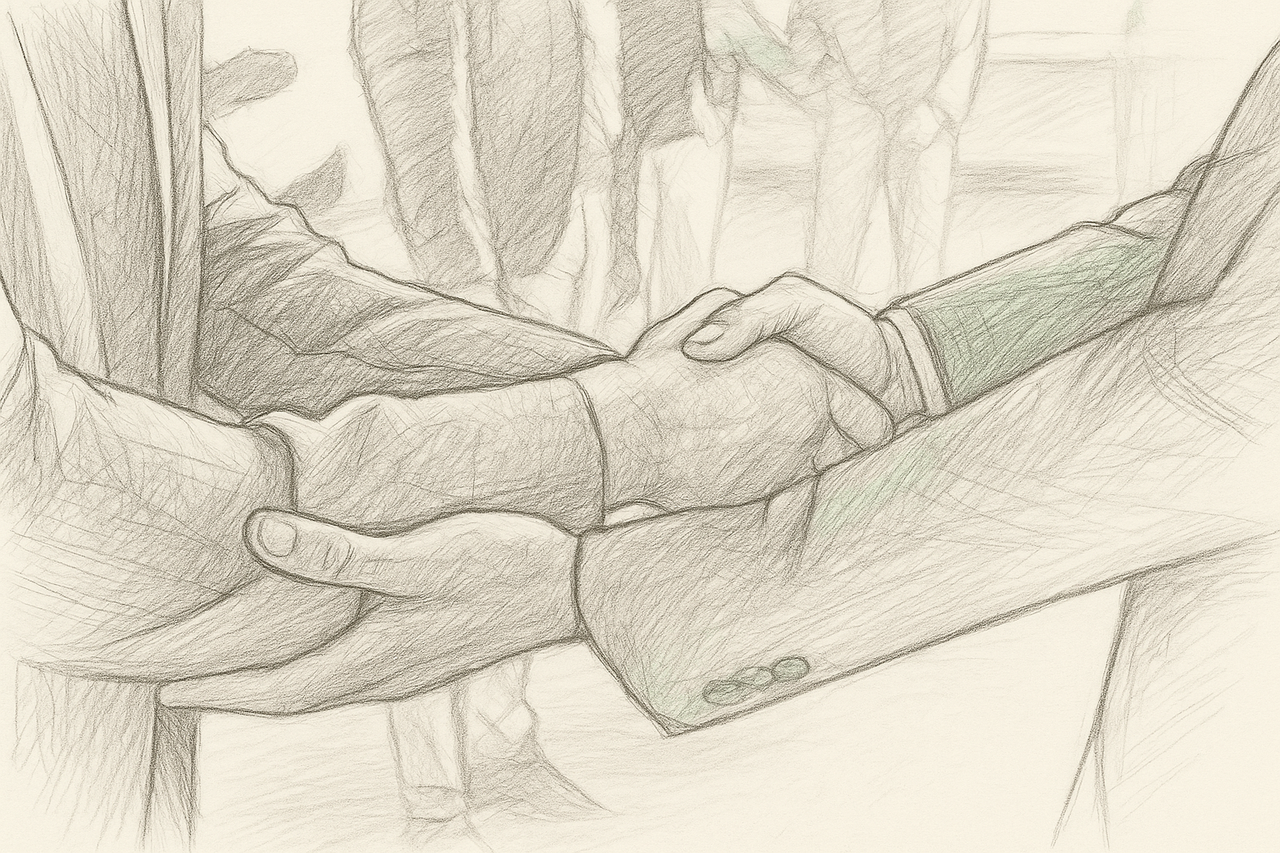 A black and white drawing of two people shaking hands