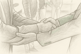 A black and white drawing of two people shaking hands