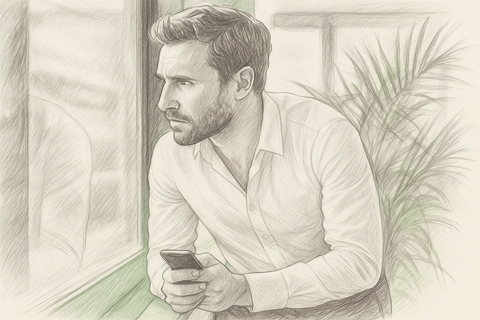 A man is looking out of a window while holding a cell phone.