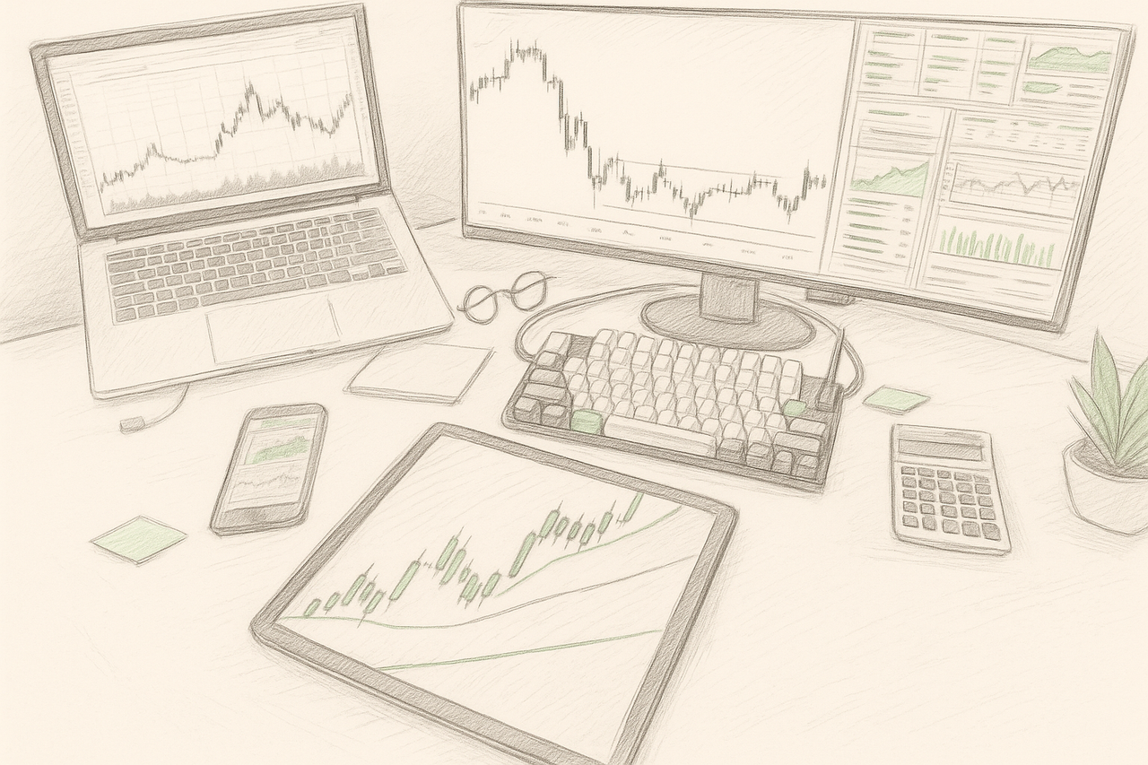 A drawing of a desk with a laptop , monitor , tablet , cell phone , calculator and a plant.