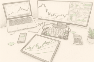A drawing of a desk with a laptop , monitor , tablet , cell phone , calculator and a plant.