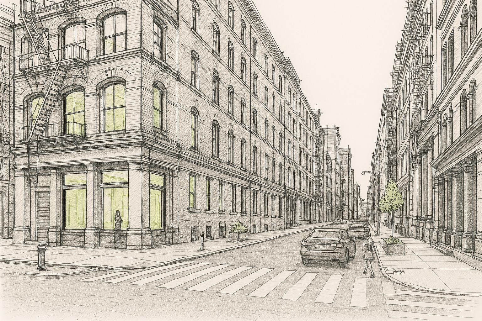 A black and white drawing of a New York City street with a car driving down it.