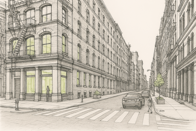 A black and white drawing of a New York City street with a car driving down it.